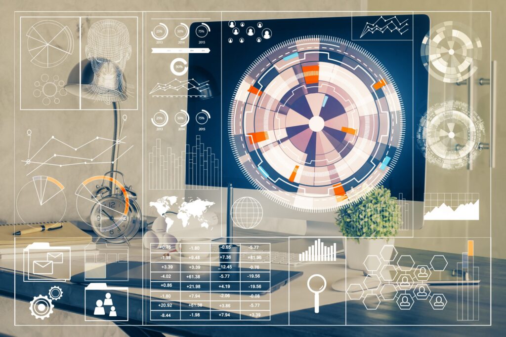 Double exposure of computer and technology theme hologram. Concept of freelance work.